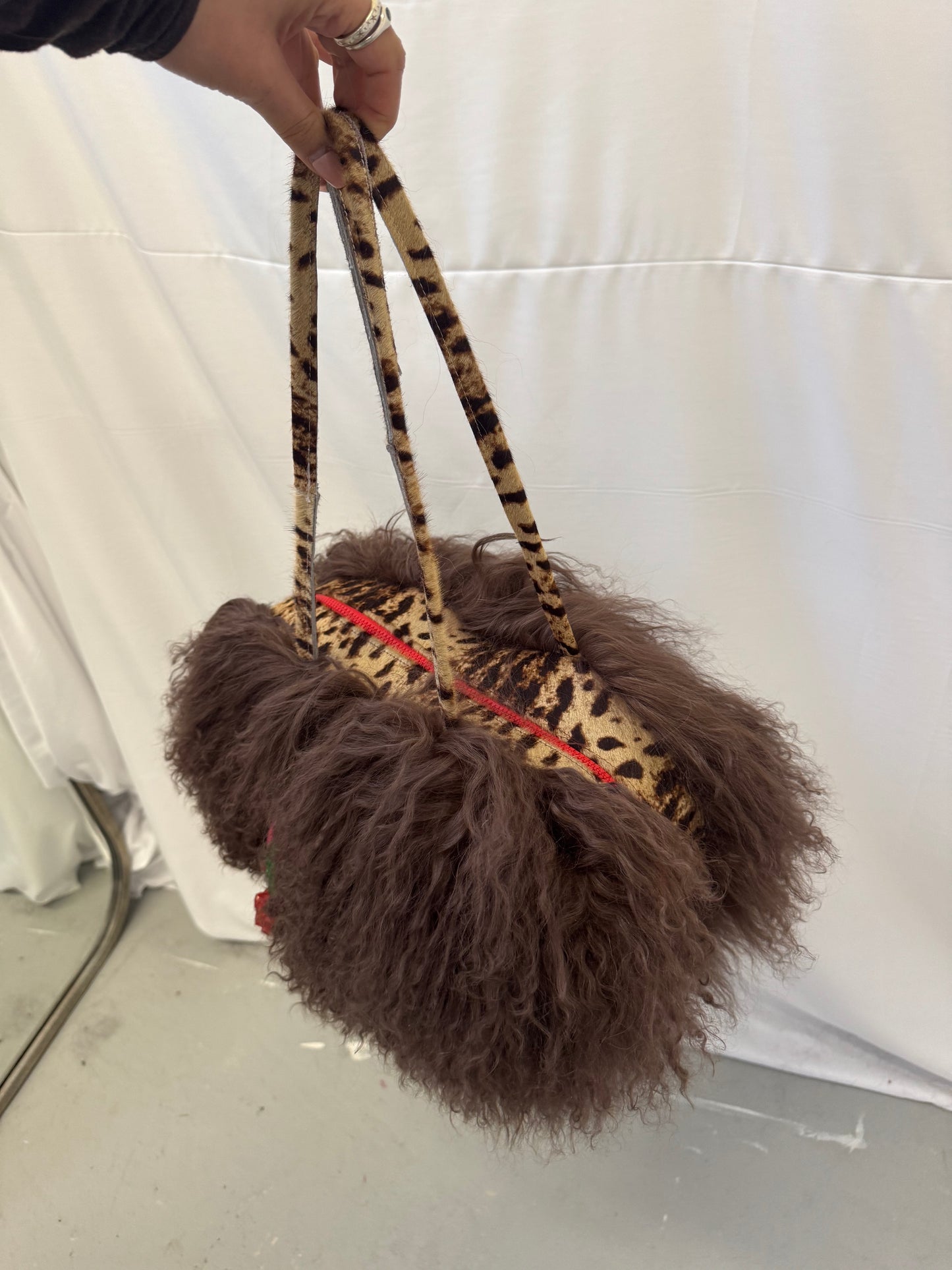 Brown Mongolian Wool Bowler Bag with Leopard Print Leather
