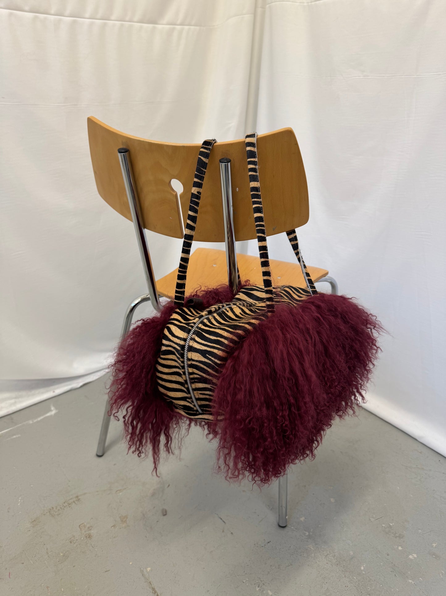 Burgundy Mongolian Wool Bowler Bag with Zebra Print Leather