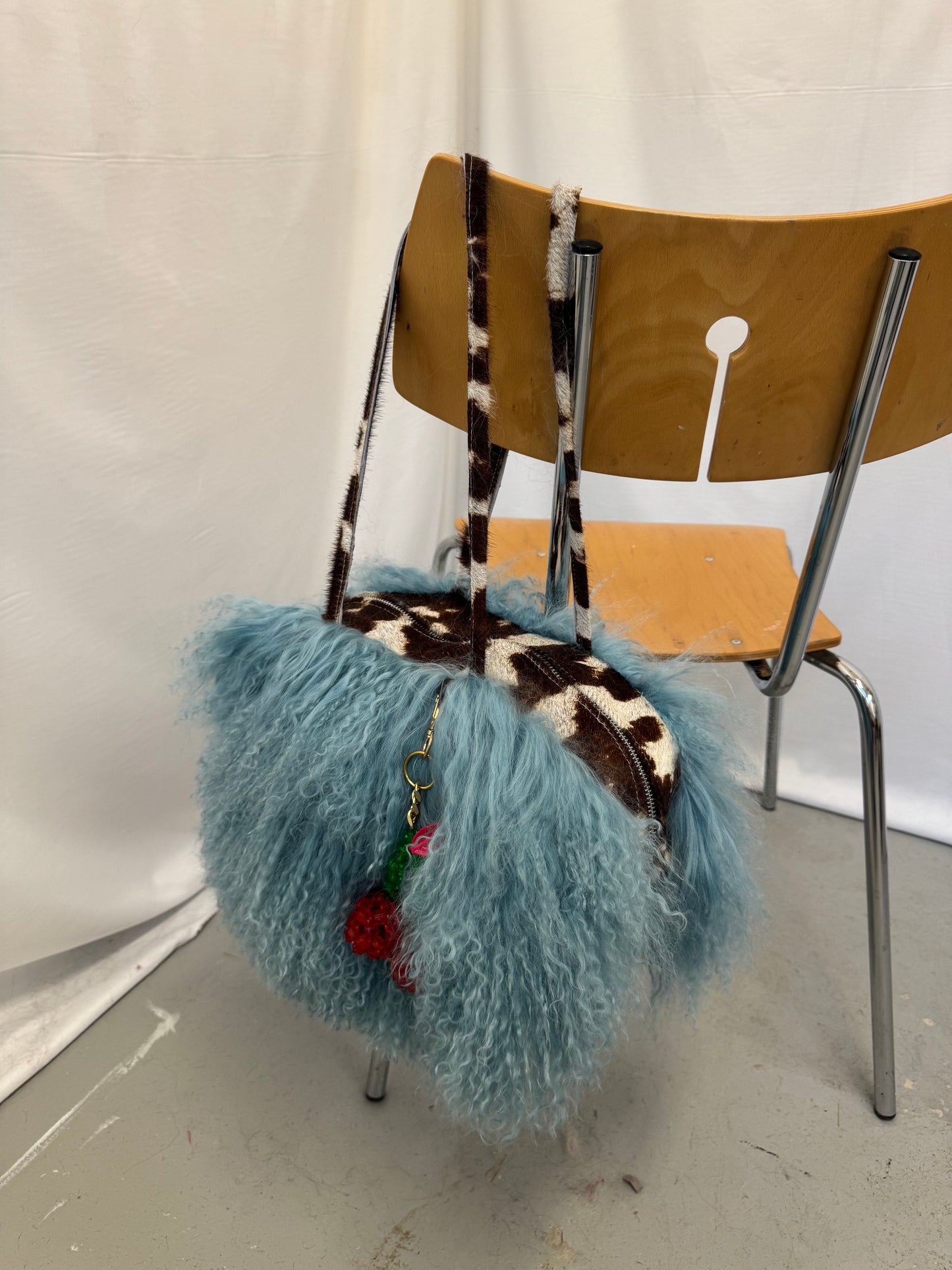 Blue Mongolian Wool Bowler Bag with Cow Print Leather 1