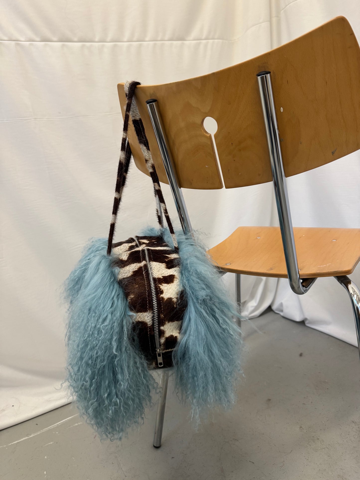 Blue Mongolian Wool Bowler Bag with Cow Print Leather 1