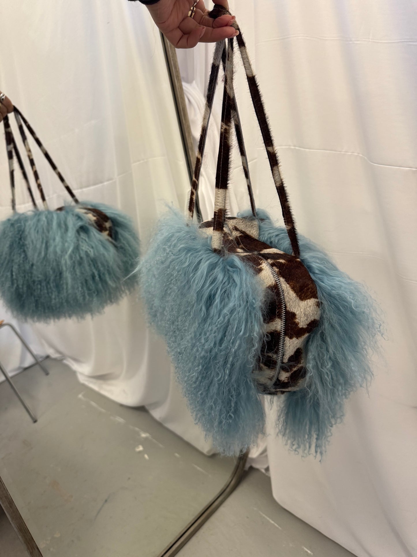 Blue Mongolian Wool Bowler Bag with Cow Print Leather 1