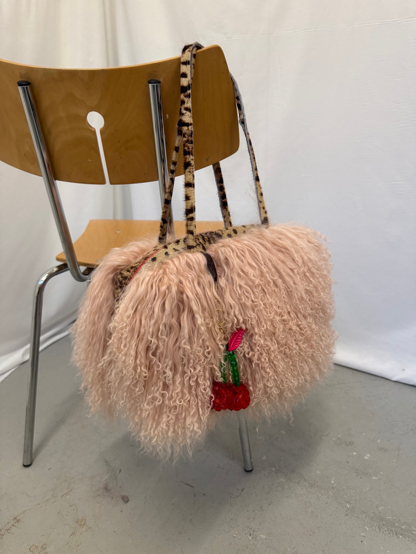 Baby Pink Mongolian Wool Bowler Bag with Leopard Print Leather