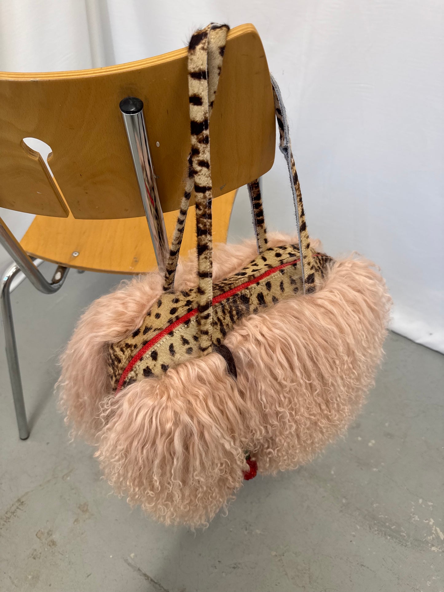 Baby Pink Mongolian Wool Bowler Bag with Leopard Print Leather