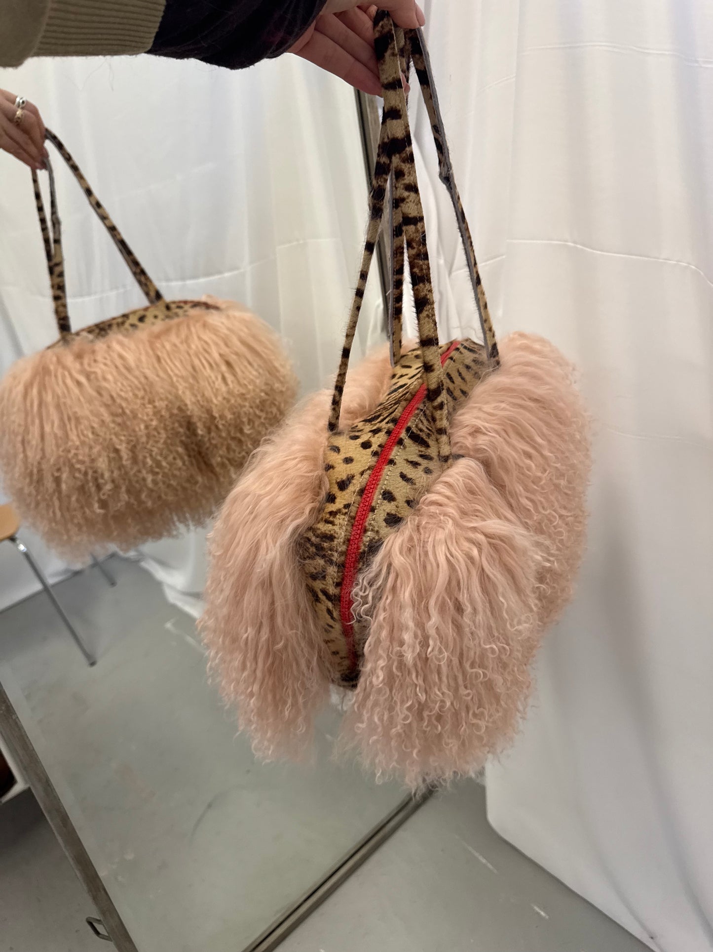 Baby Pink Mongolian Wool Bowler Bag with Leopard Print Leather
