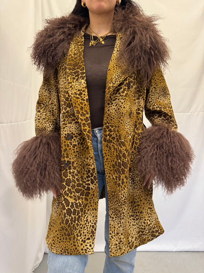 Leopard Print Trench Coat with Brown Mongolian Trims