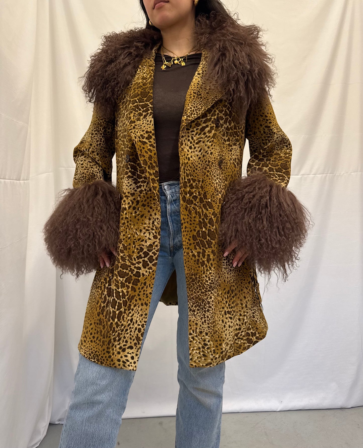 Leopard Print Trench Coat with Brown Mongolian Trims