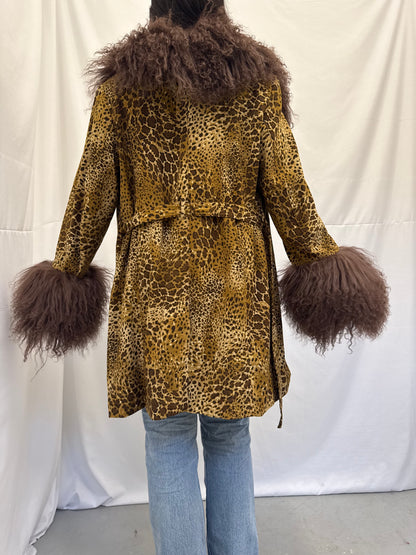 Leopard Print Trench Coat with Brown Mongolian Trims