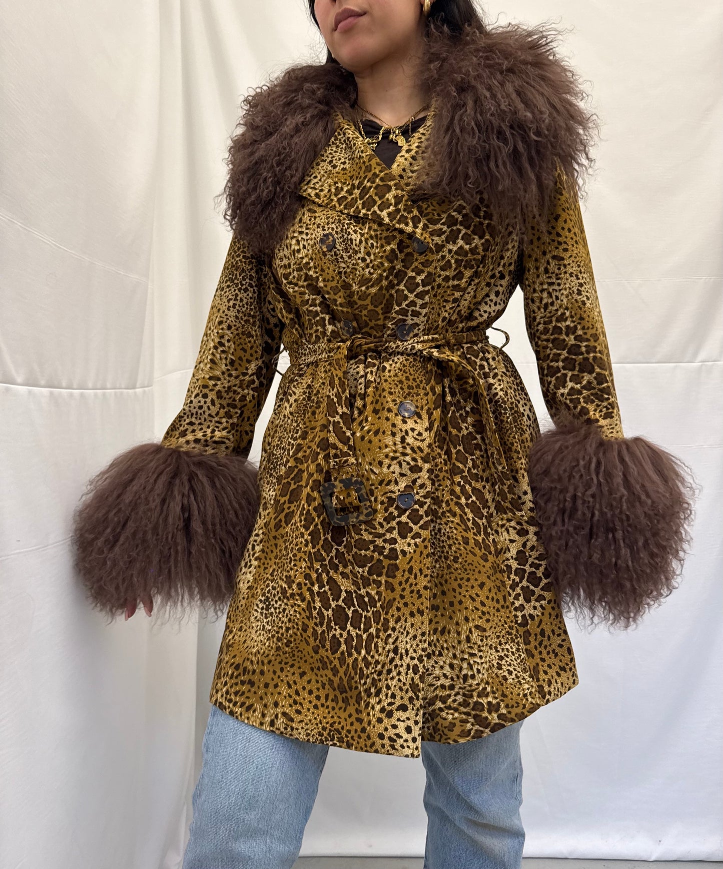 Leopard Print Trench Coat with Brown Mongolian Trims