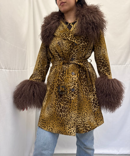 Leopard Print Trench Coat with Brown Mongolian Trims
