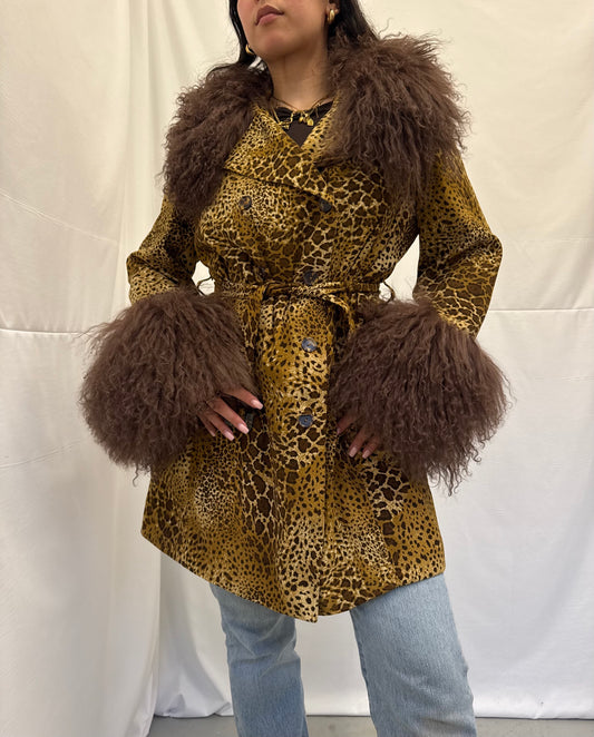 Leopard Print Trench Coat with Brown Mongolian Trims