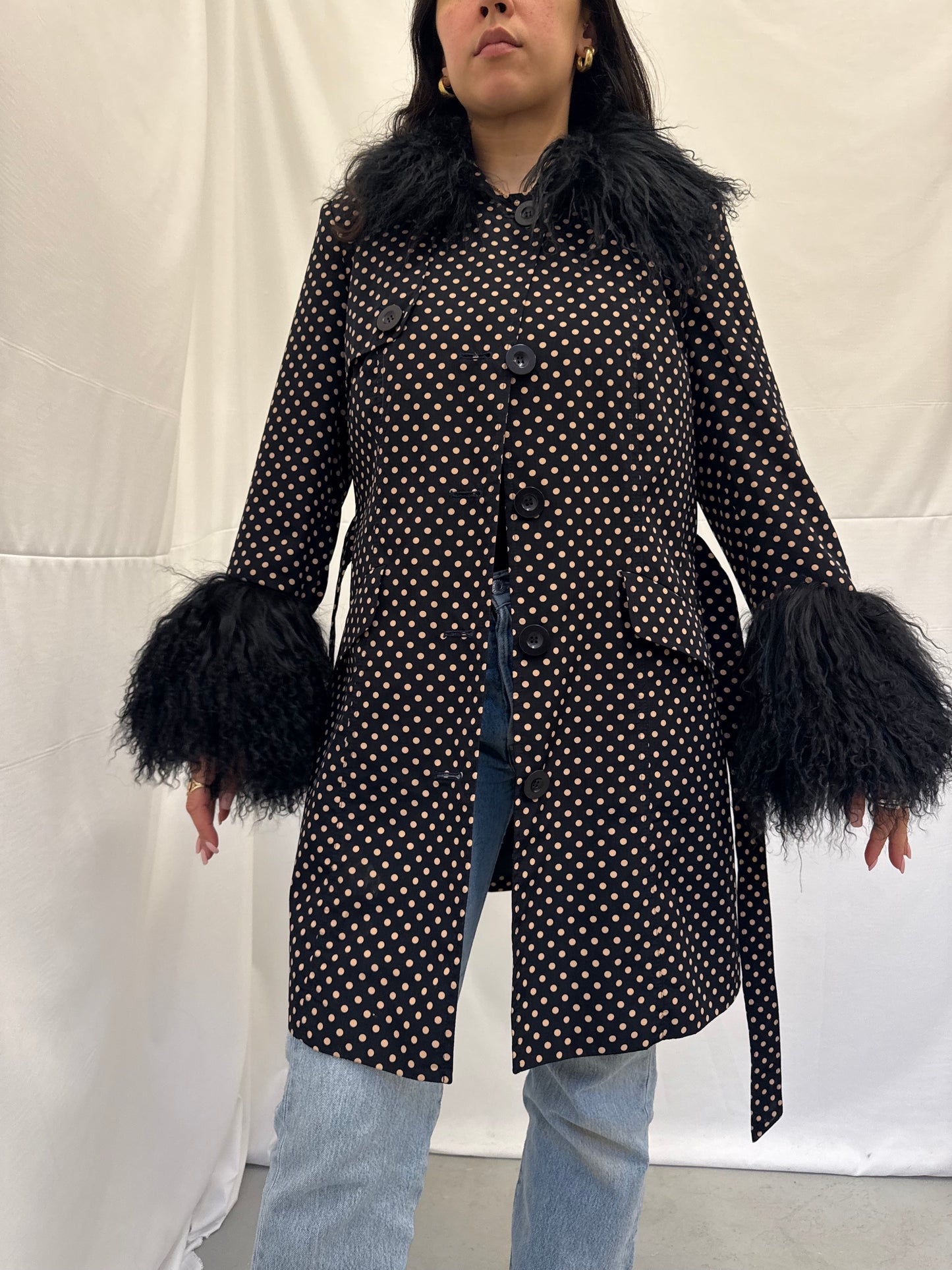 Polka Dot Trench Coat with Black Mongolian Trims