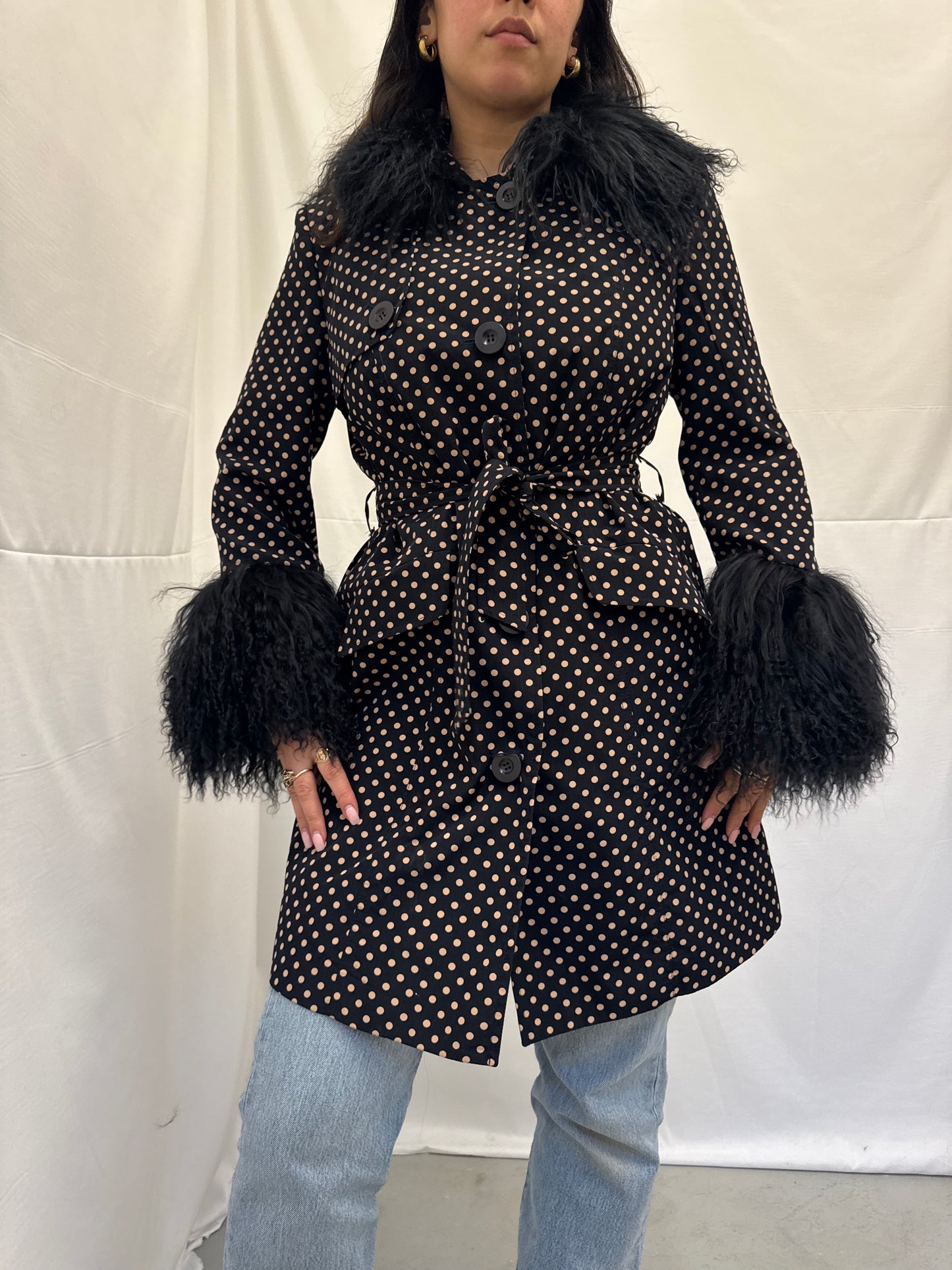 Polka Dot Trench Coat with Black Mongolian Trims