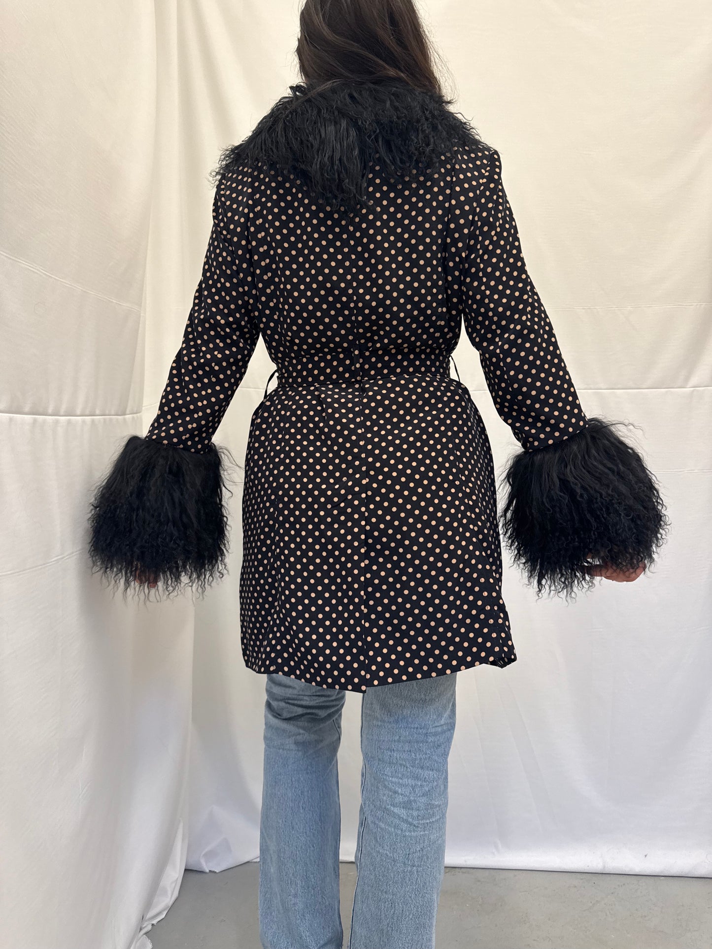 Polka Dot Trench Coat with Black Mongolian Trims