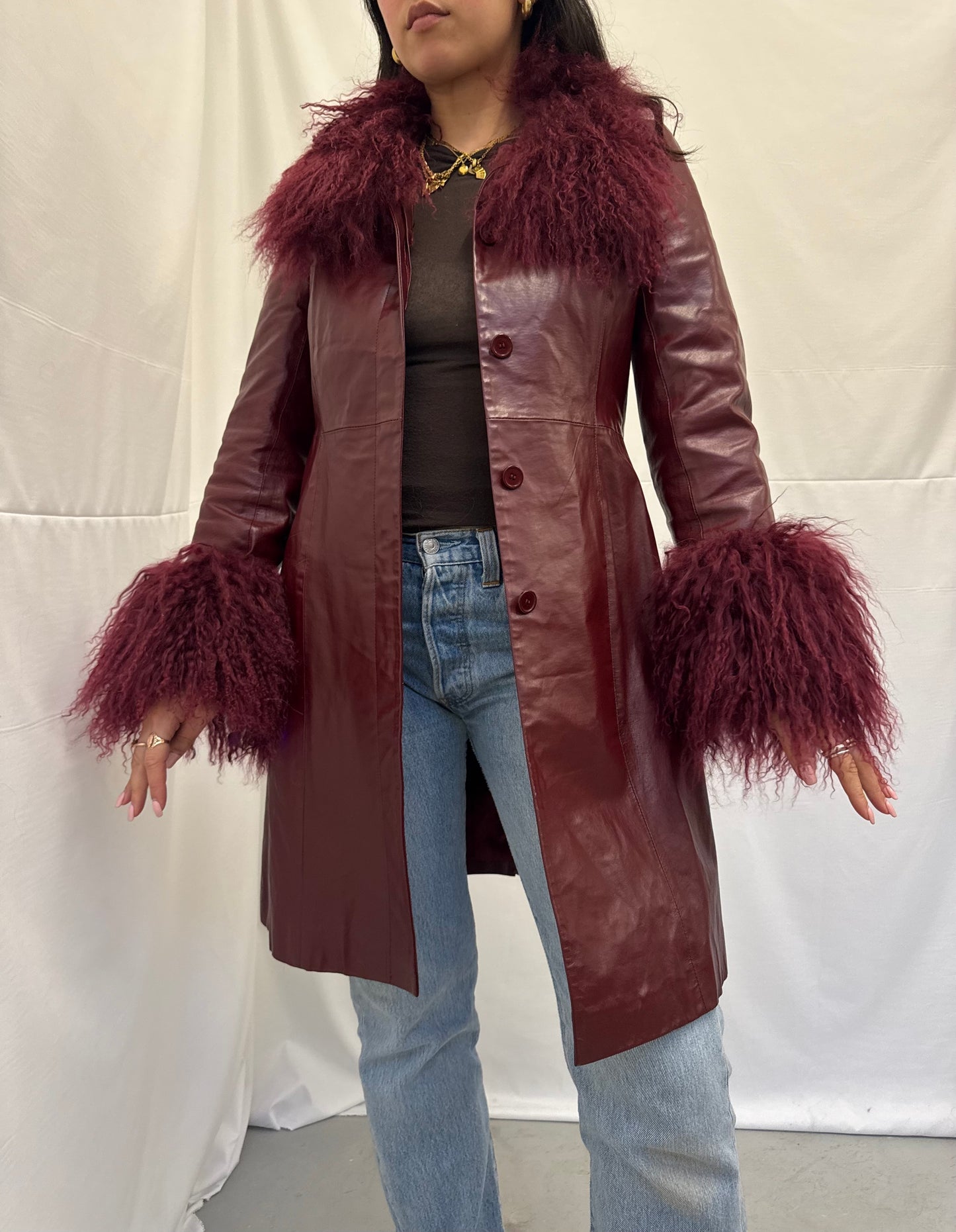 Long Burgundy Leather Jacket with Matching Mongolian Trims