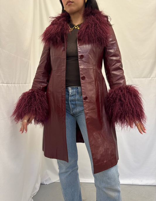 Long Burgundy Leather Jacket with Matching Mongolian Trims