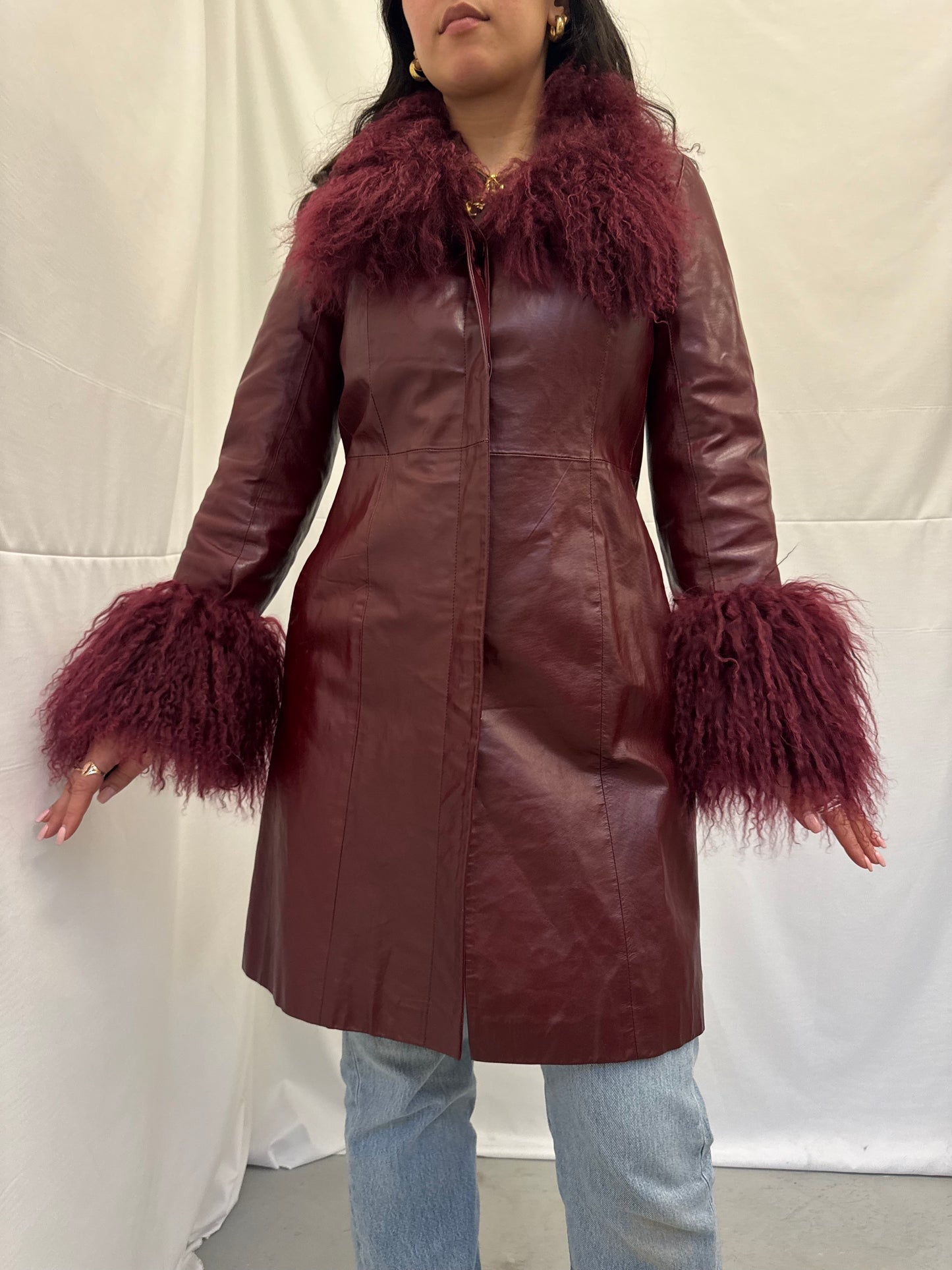 Long Burgundy Leather Jacket with Matching Mongolian Trims