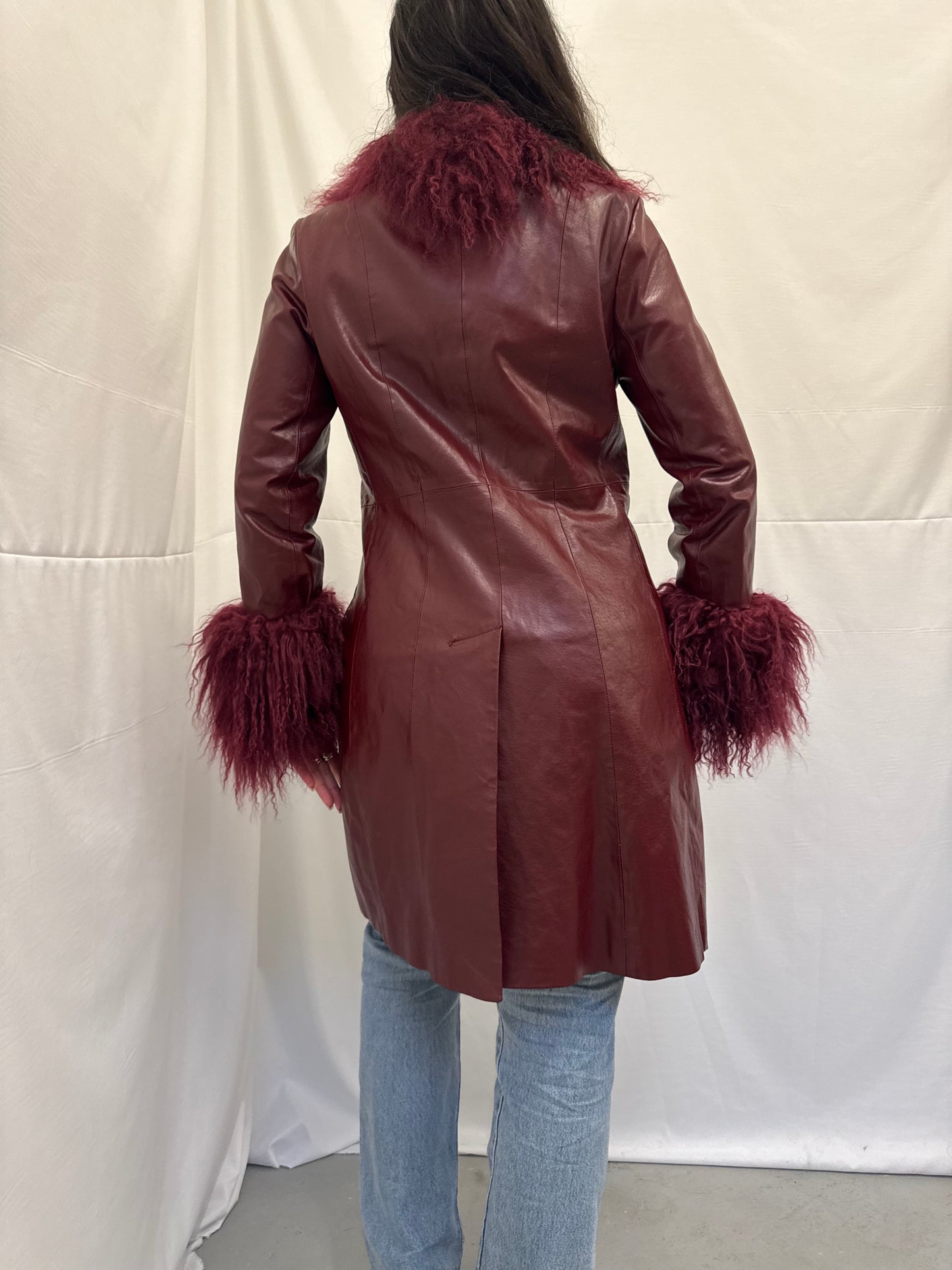 Long Burgundy Leather Jacket with Matching Mongolian Trims