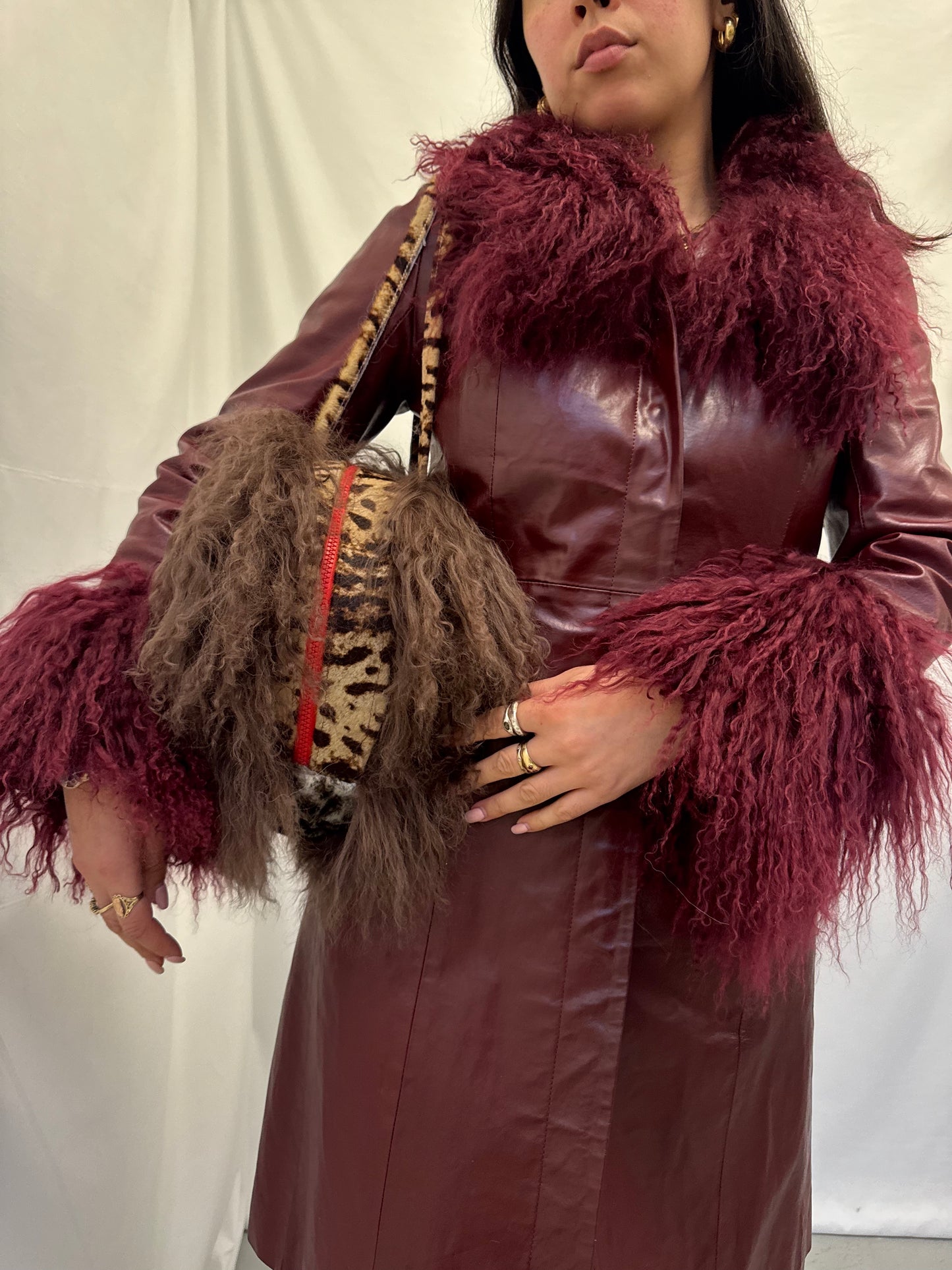 Long Burgundy Leather Jacket with Matching Mongolian Trims