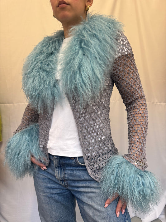 Silver Crochet Cardigan with Blue Mongolian Wool Trims