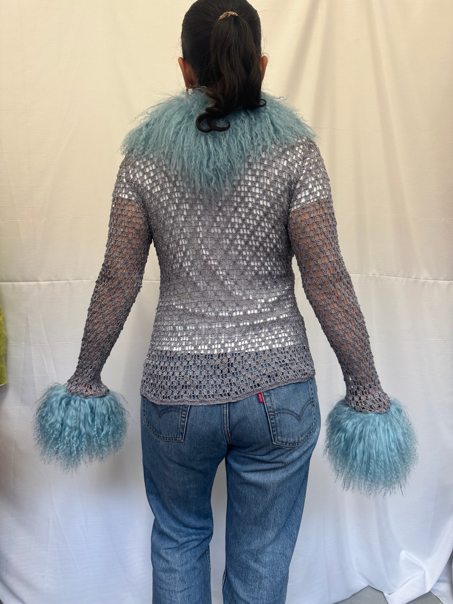 Silver Crochet Cardigan with Blue Mongolian Wool Trims