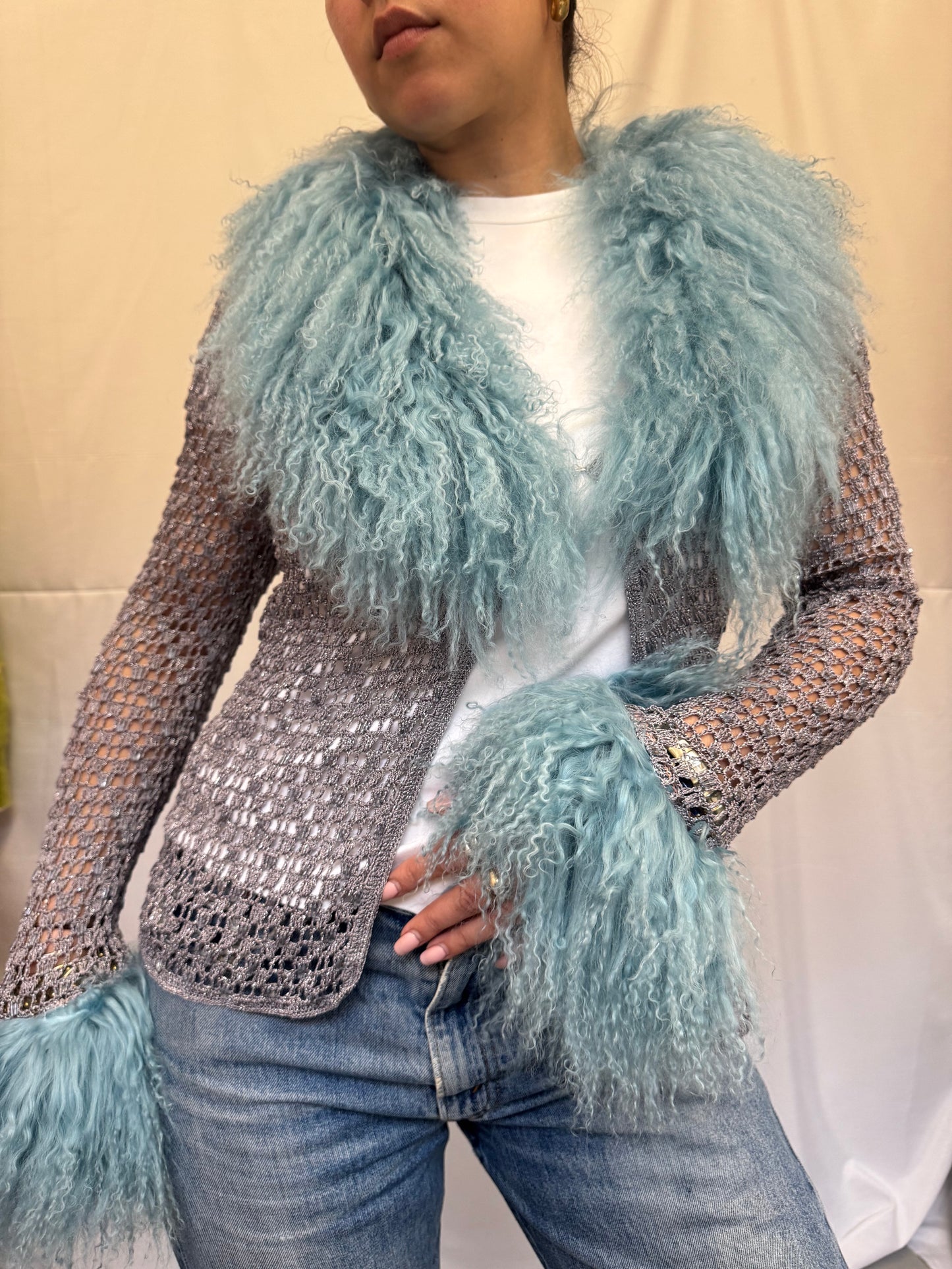 Silver Crochet Cardigan with Blue Mongolian Wool Trims