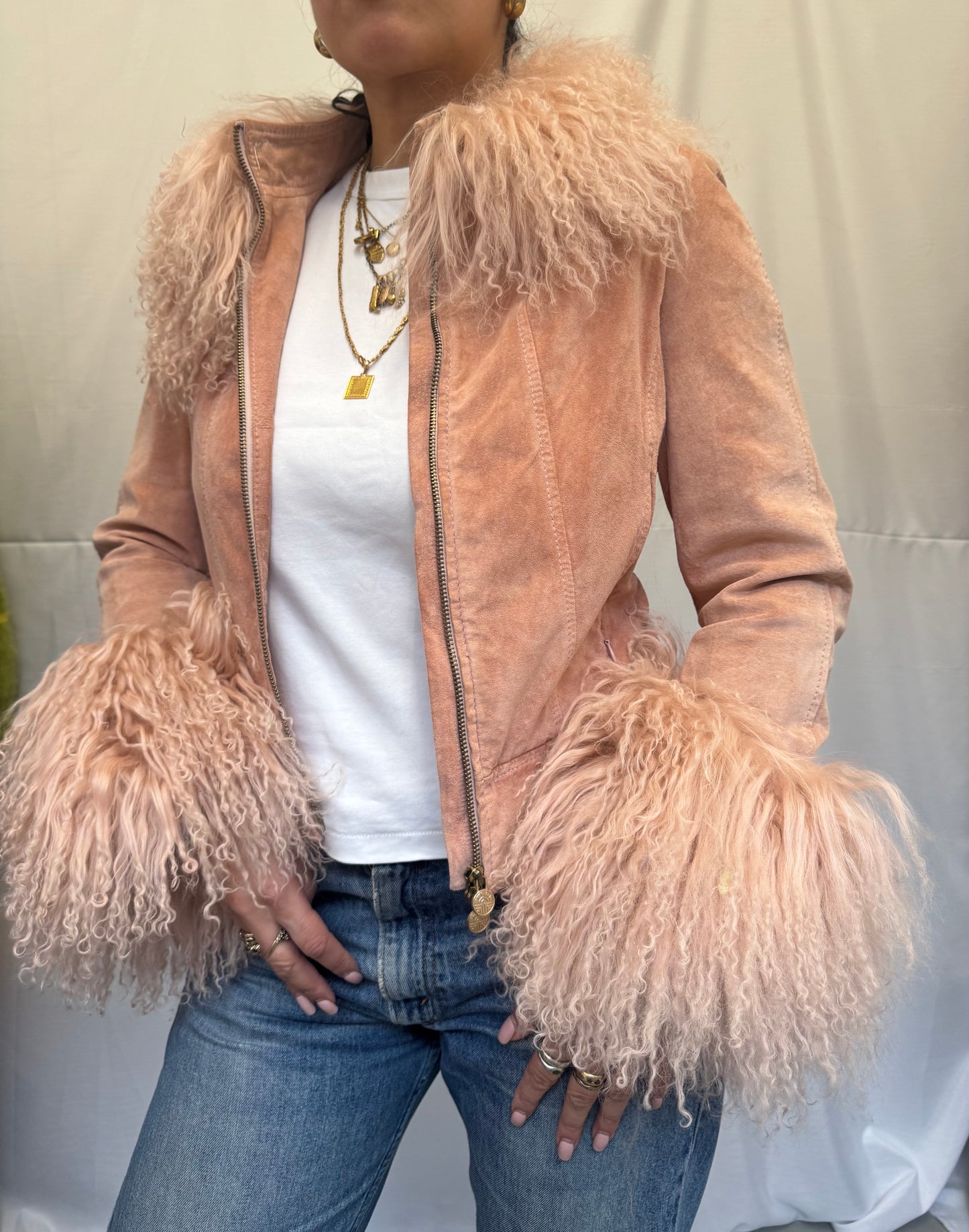 Baby Pink Suede Jacket with Mongolian Wool Trims