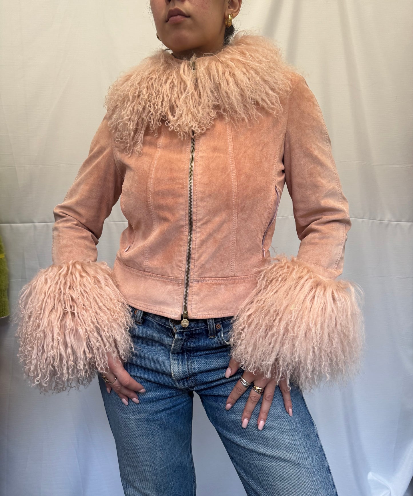 Baby Pink Suede Jacket with Mongolian Wool Trims