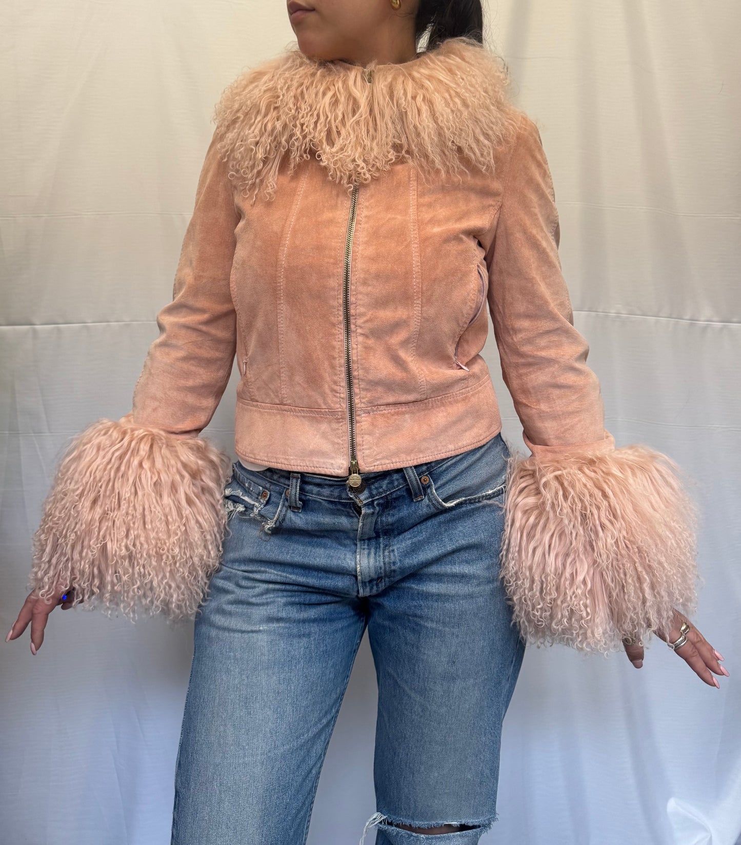 Baby Pink Suede Jacket with Mongolian Wool Trims