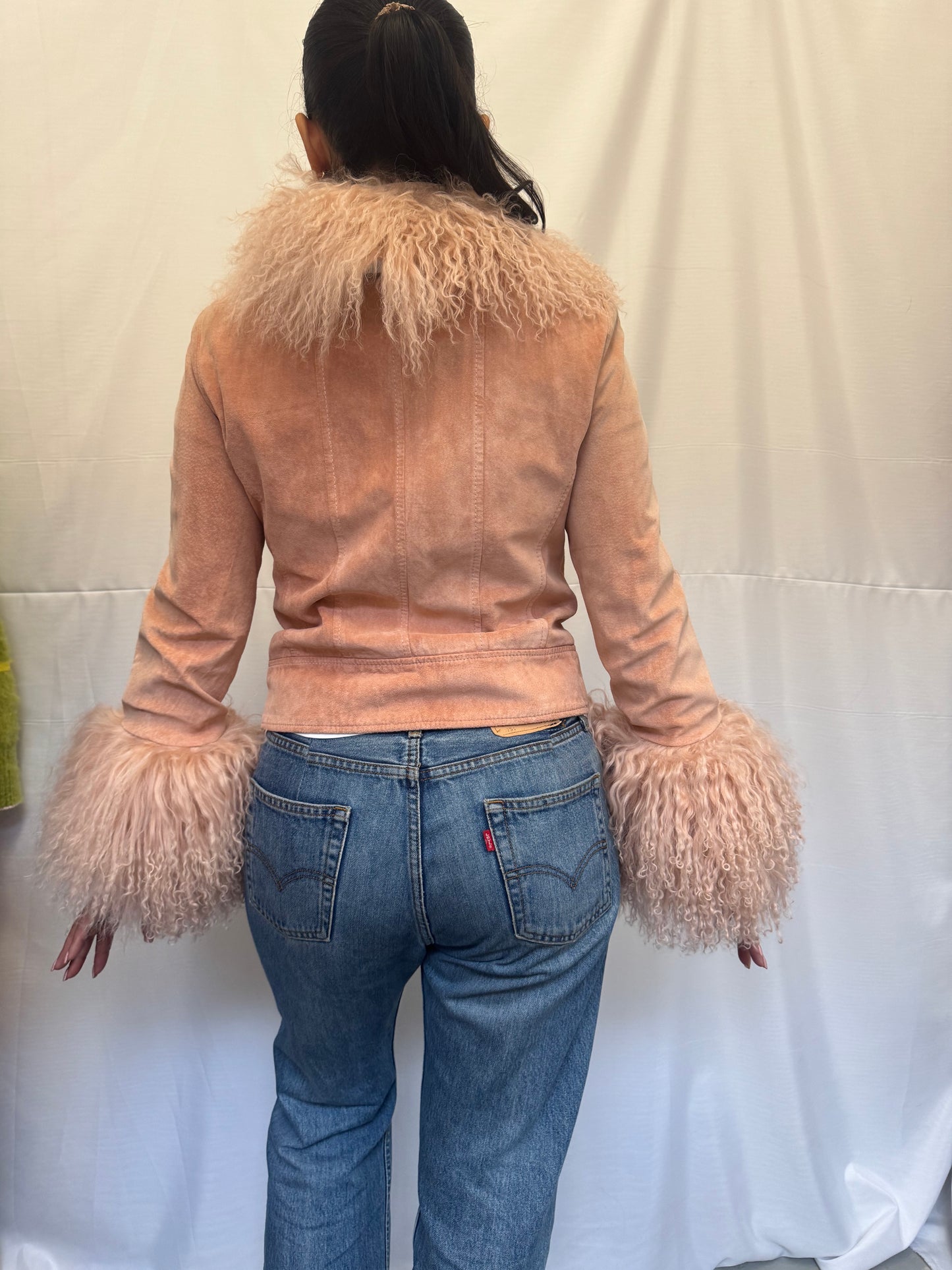 Baby Pink Suede Jacket with Mongolian Wool Trims