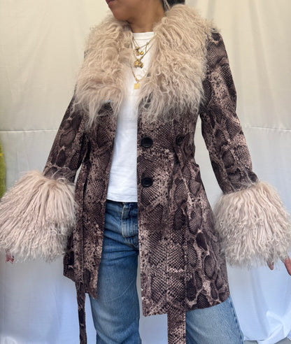 Snake Skin Trench Coat with Oyster Grey Mongolian Trims