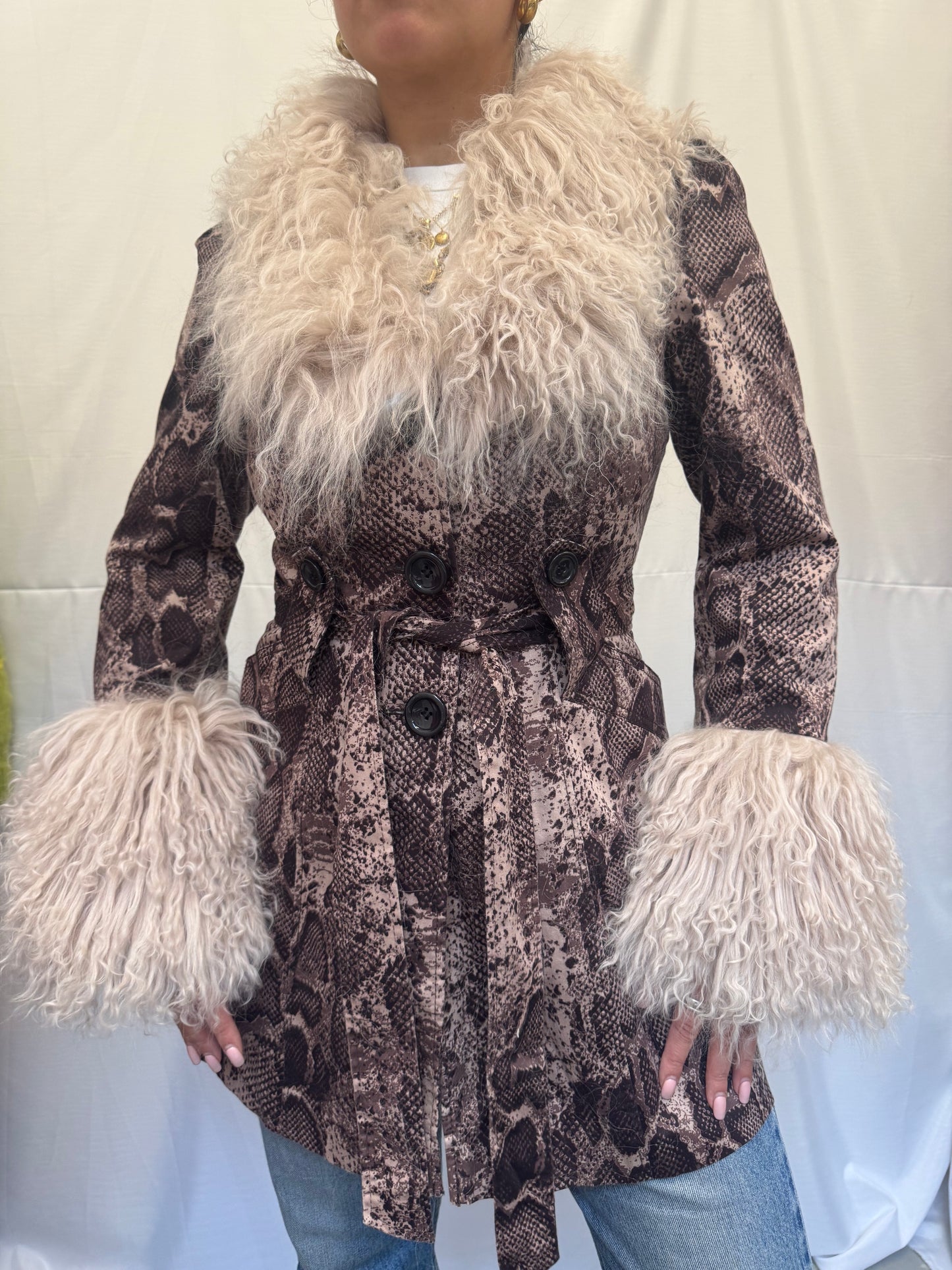 Snake Skin Trench Coat with Oyster Grey Mongolian Trims