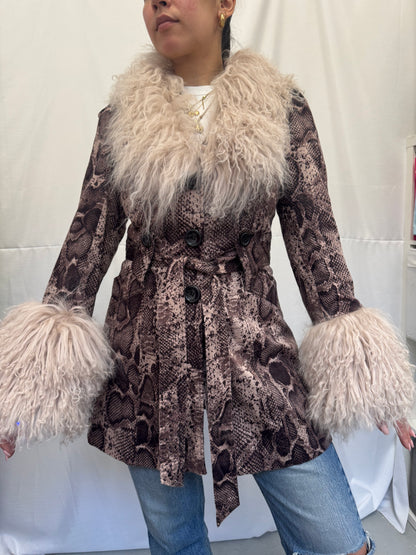 Snake Skin Trench Coat with Oyster Grey Mongolian Trims