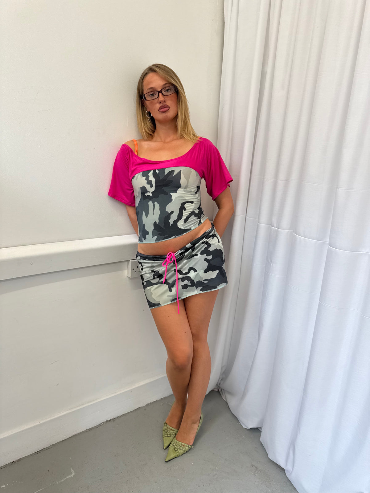Camo and Pink Off-shoulder Top