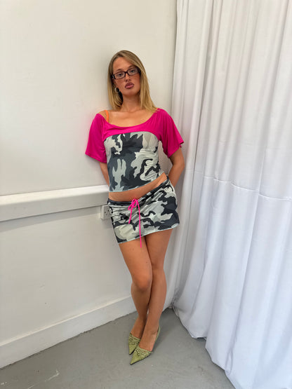 Camo and Pink Off-shoulder Top
