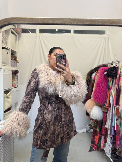 Snake Skin Trench Coat with Oyster Grey Mongolian Trims