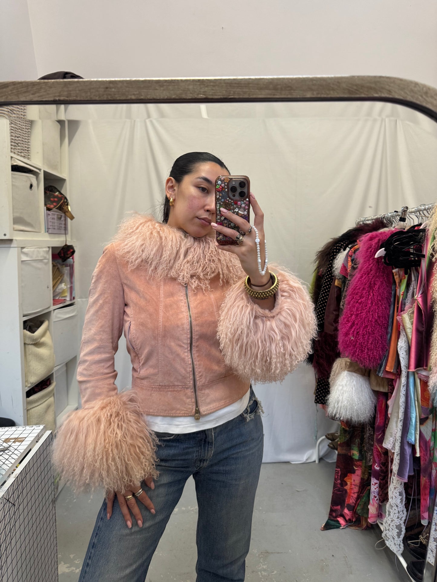 Baby Pink Suede Jacket with Mongolian Wool Trims