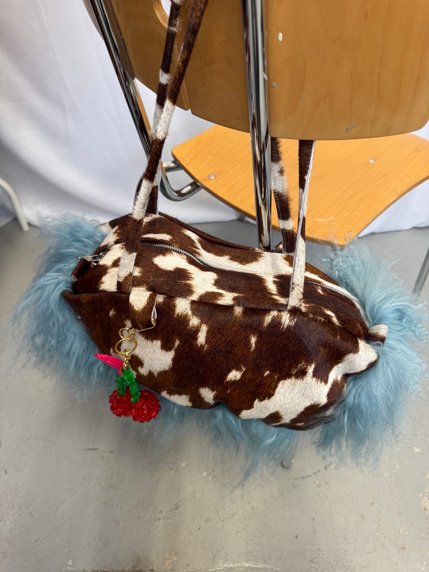 Blue Mongolian Wool Bowler Bag with Cow Print Leather 2