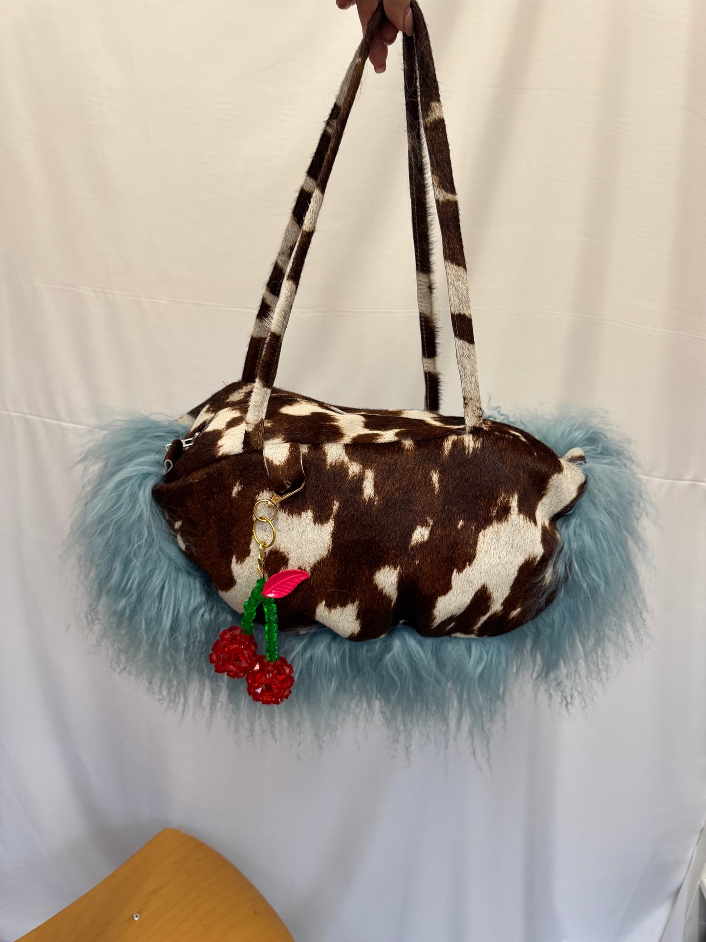 Blue Mongolian Wool Bowler Bag with Cow Print Leather 2