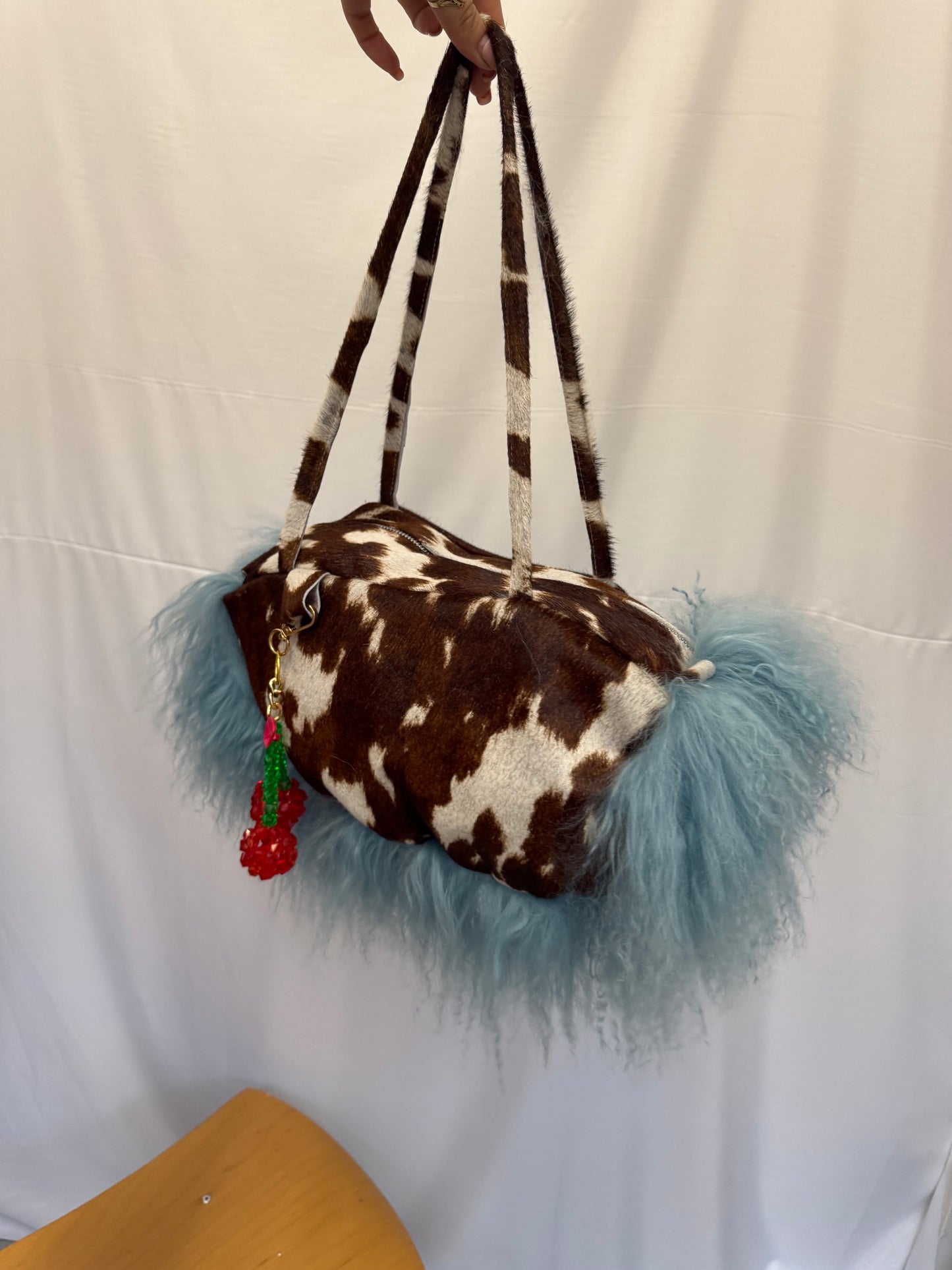 Blue Mongolian Wool Bowler Bag with Cow Print Leather 2