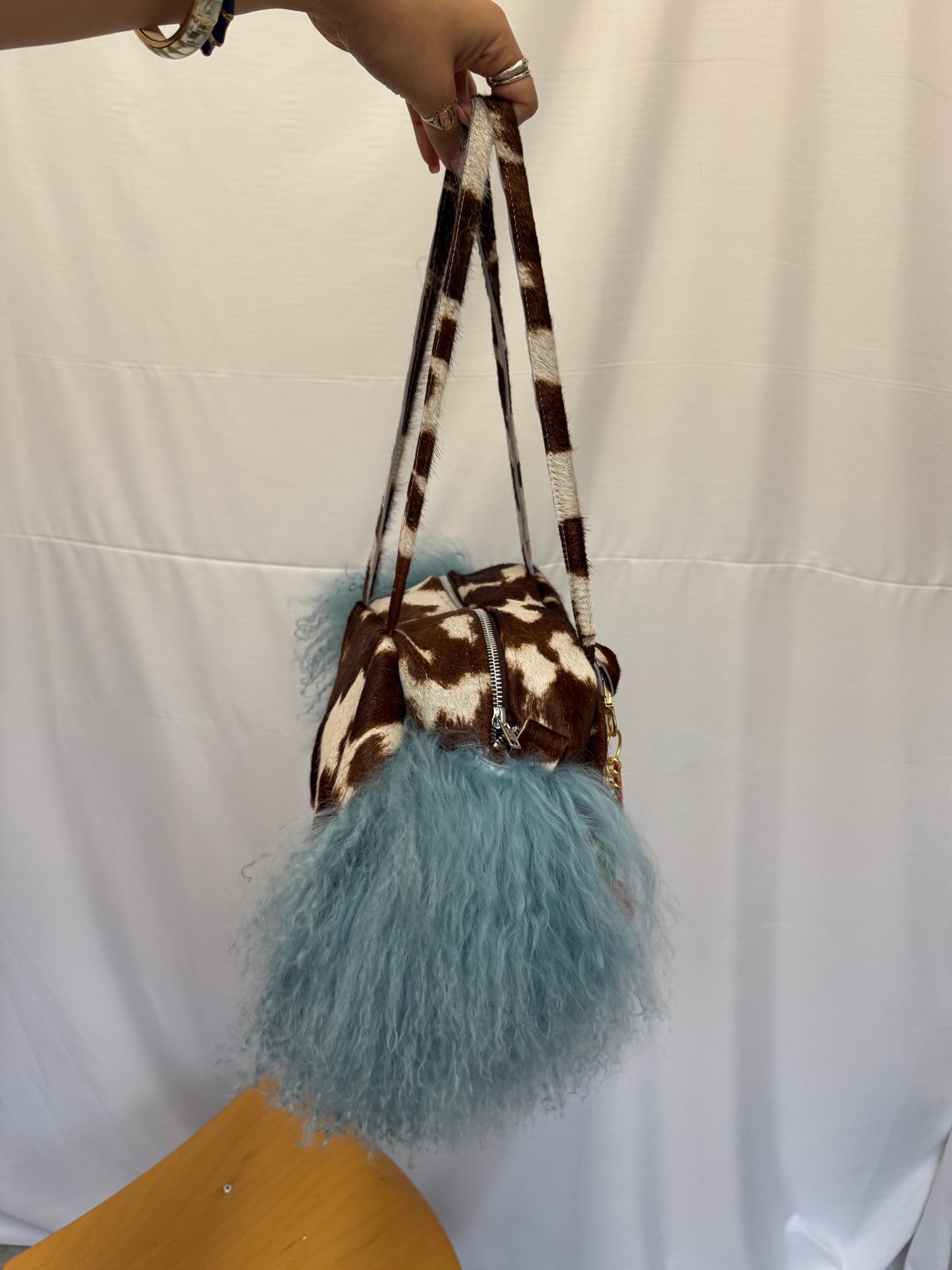 Blue Mongolian Wool Bowler Bag with Cow Print Leather 2