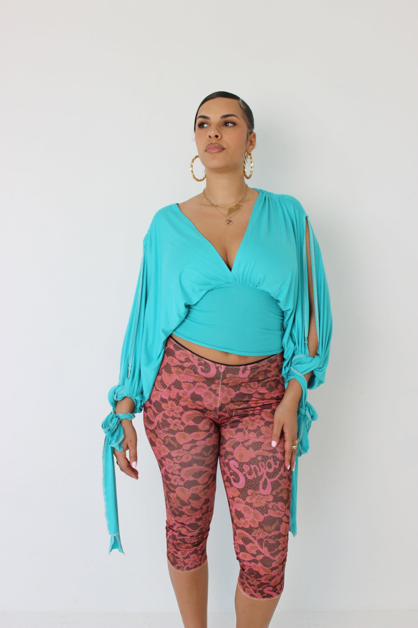 Turquoise Long-sleeve Drape Top