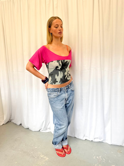 Camo and Pink Off-shoulder Top