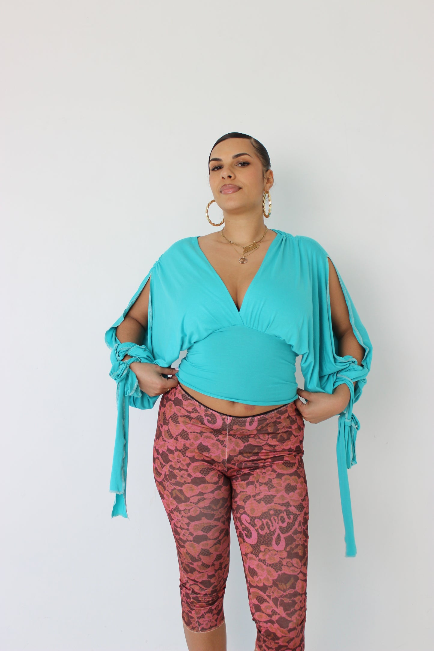 Turquoise Long-sleeve Drape Top
