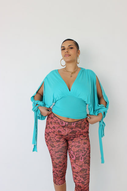 Turquoise Long-sleeve Drape Top