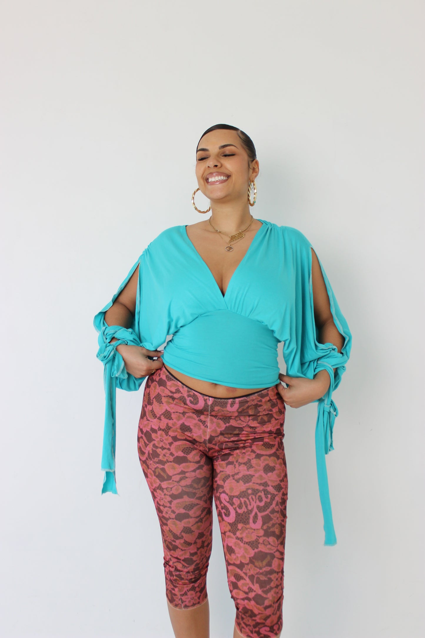 Turquoise Long-sleeve Drape Top