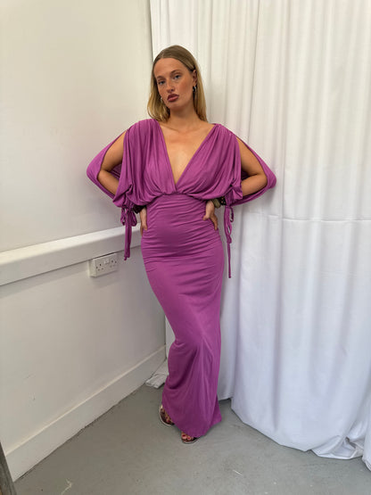 Purple Long-sleeve Drape Maxi Dress