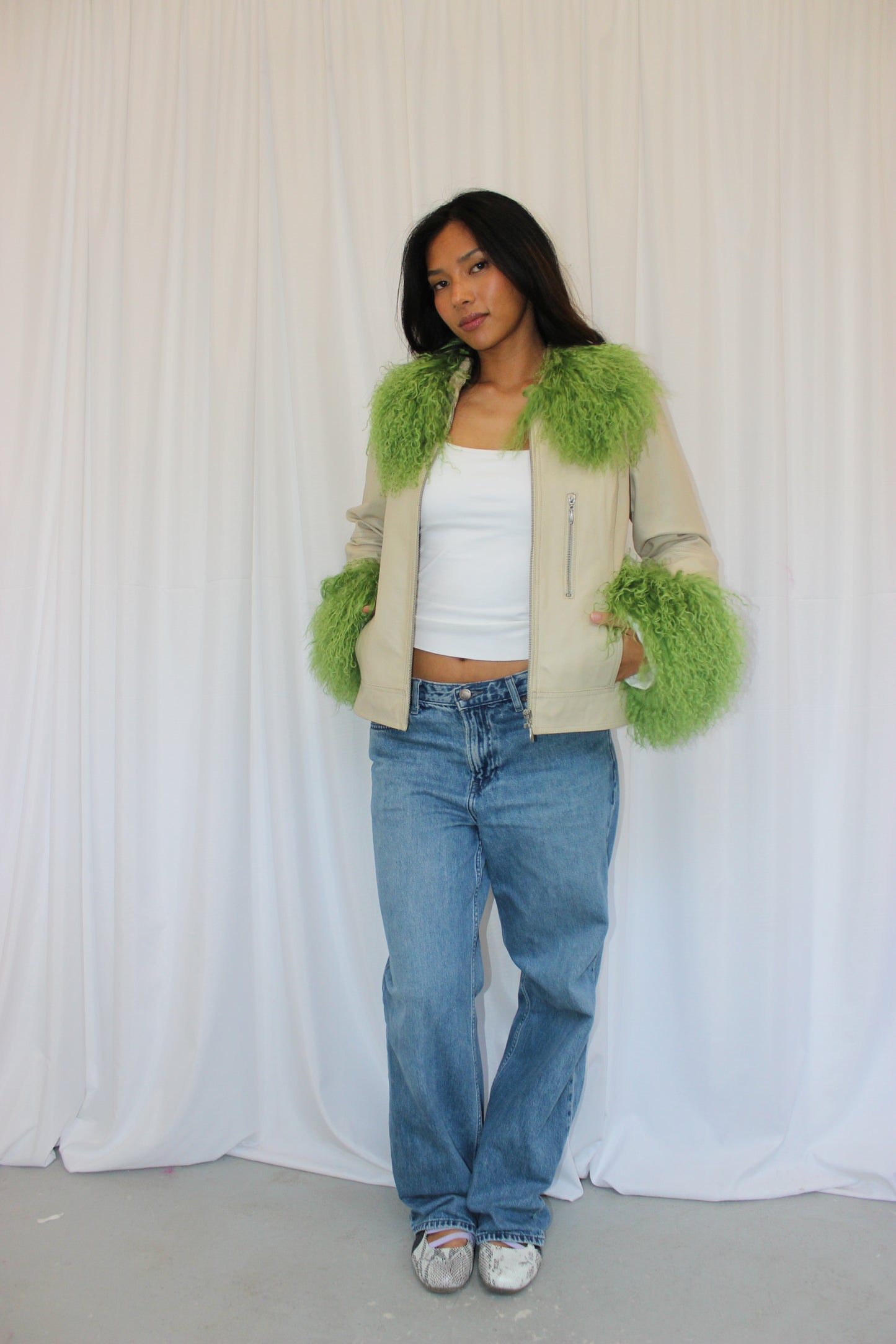 Cream and Green Leather Jacket
