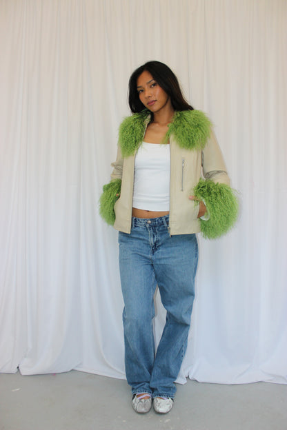 Cream and Green Leather Jacket