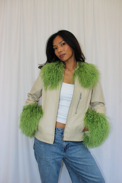 Cream and Green Leather Jacket
