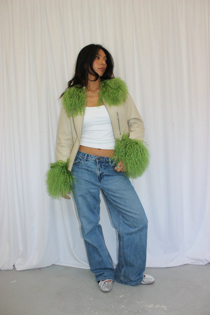 Cream and Green Leather Jacket